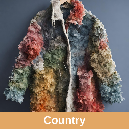 Coat with fluffy looking fabric in different patches of colors, including red, blue, yellow and green. Song spotlight genre label reads "country."