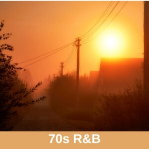 Photo of a row of houses near sunset, with trees in the foreground and overhead power lines stretched above. Genre label reads, "70s R&B."