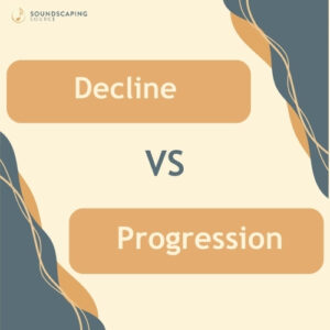 Yellow and blue square image that reads: Decline VS Progression