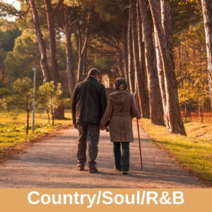 Photo shows an older couple, one using a cane, walking away from us down a tree-lined lane. Genre label reads, "Country/Soul/R&B"